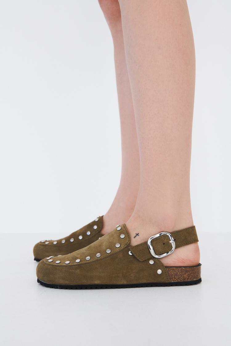 STUDDED SPLIT SUEDE CLOGS Khaki Green ZARA Spain